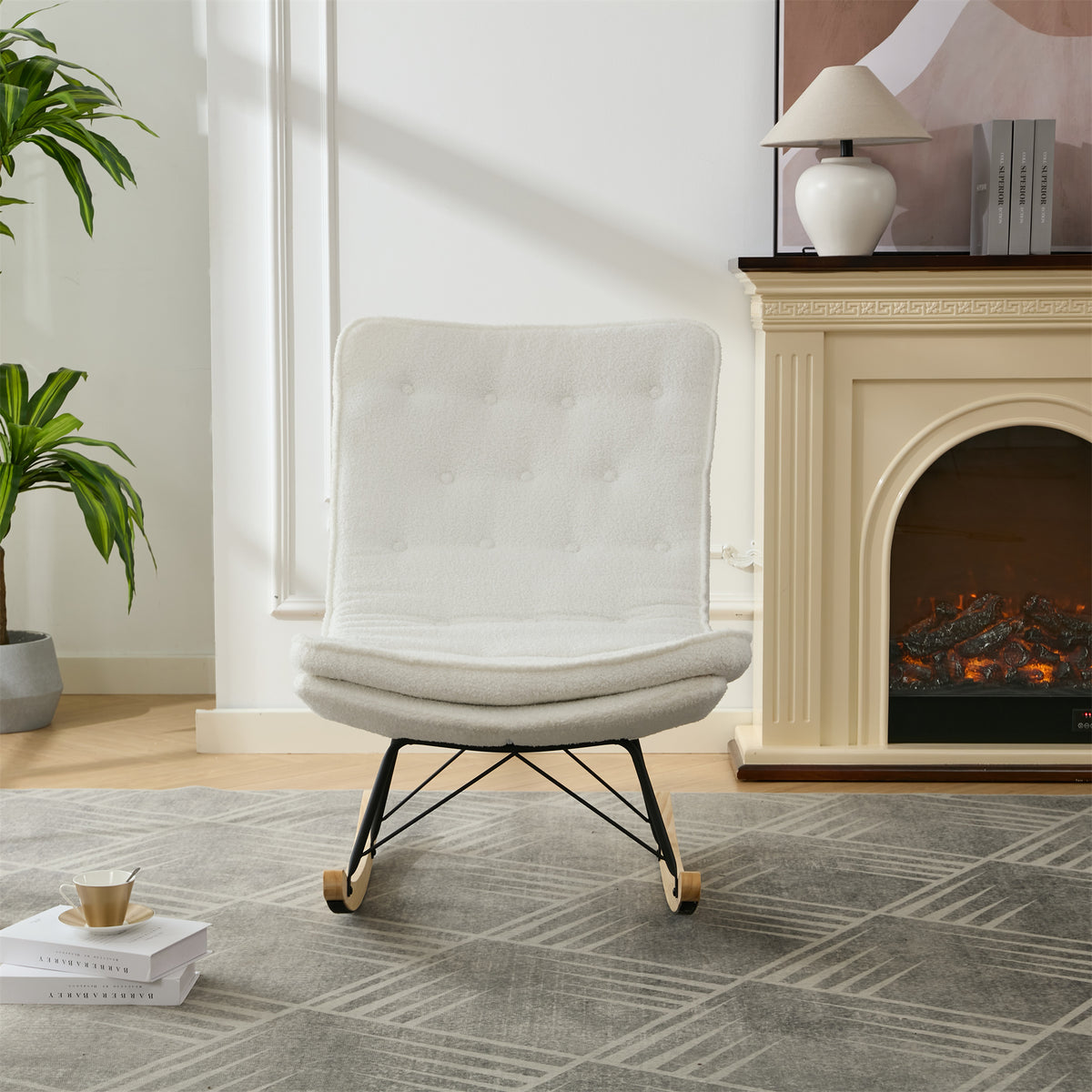 Lazy Rocking Chair,Comfortable Lounge Chair With Wide Backrest And Seat Wood Base, Upholstered Armless Rocker Chair For Living Room, Balcony,Bedroom And Patio Porch. White Cushion Iron White Primary Living Space Sponge Square Casual Rocking Chairs
