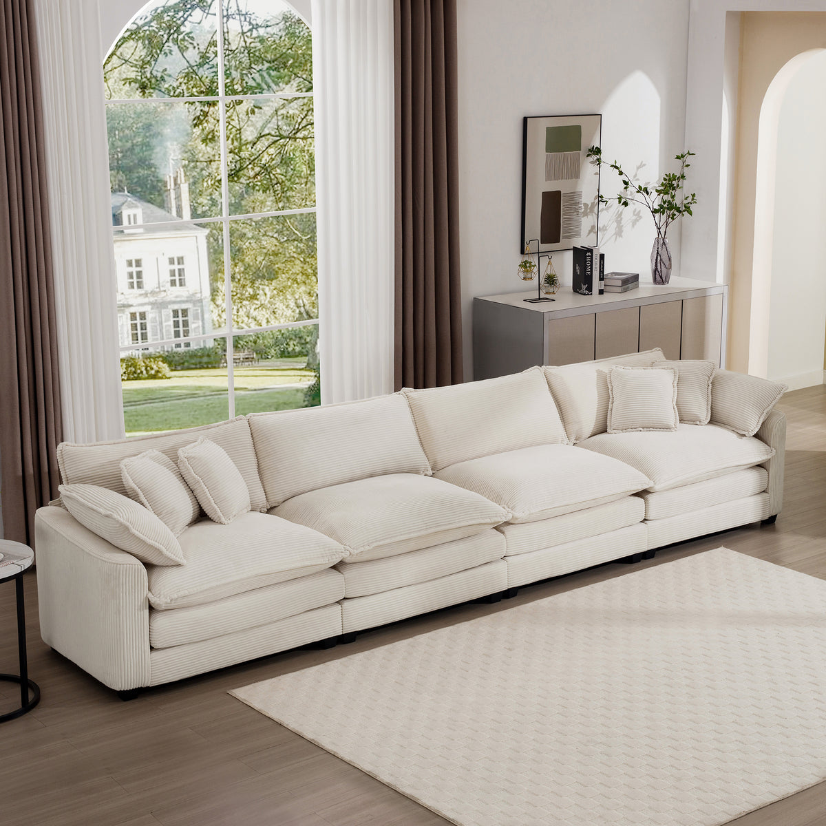 Modern Upholstered 4 Seater Fabric Sofa With Comfortable Back Cushions, Seat Cushions And Pillows, Light Beige Corduroy Sofa Beige Corduroy 4 Seat