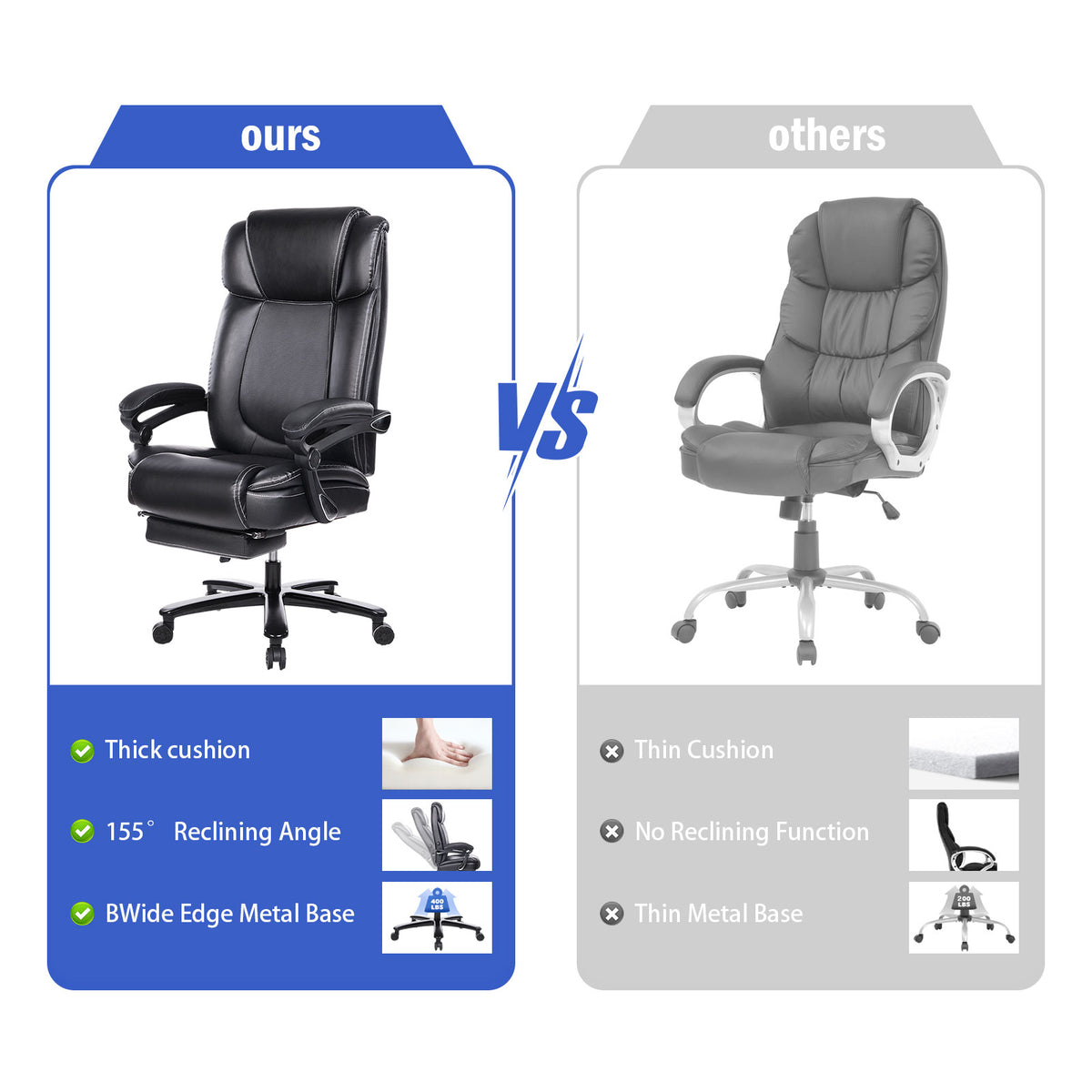 Office Chair With Footrest 400Lb Big And Tall Computer Gaming Chair Ergonomic Executive High Back Reclining Leather Desk Chair With Adjustable Lumbar Support And Heavy Duty Metal Base Metal Black Office Sponge Leather