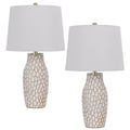 23 Inch Set Of 2 Ceramic Accent Table Lamp, Hammered Base, White, Gold White Ceramic
