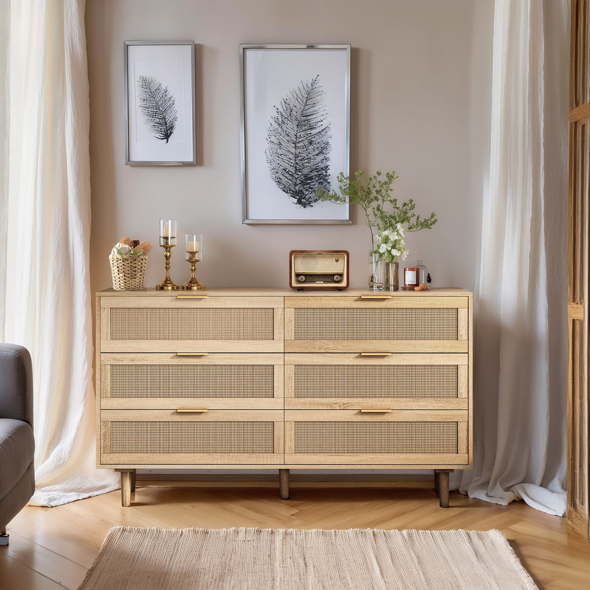 51.18"6 Drawers Rattan Storage Cabinet Rattan Drawer,For Bedroom,Living Room,Natural Same Sku:W75784346 Natural Mdf