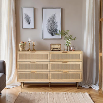 51.18"6 Drawers Rattan Storage Cabinet Rattan Drawer,For Bedroom,Living Room,Natural Same Sku:W75784346 Natural Mdf