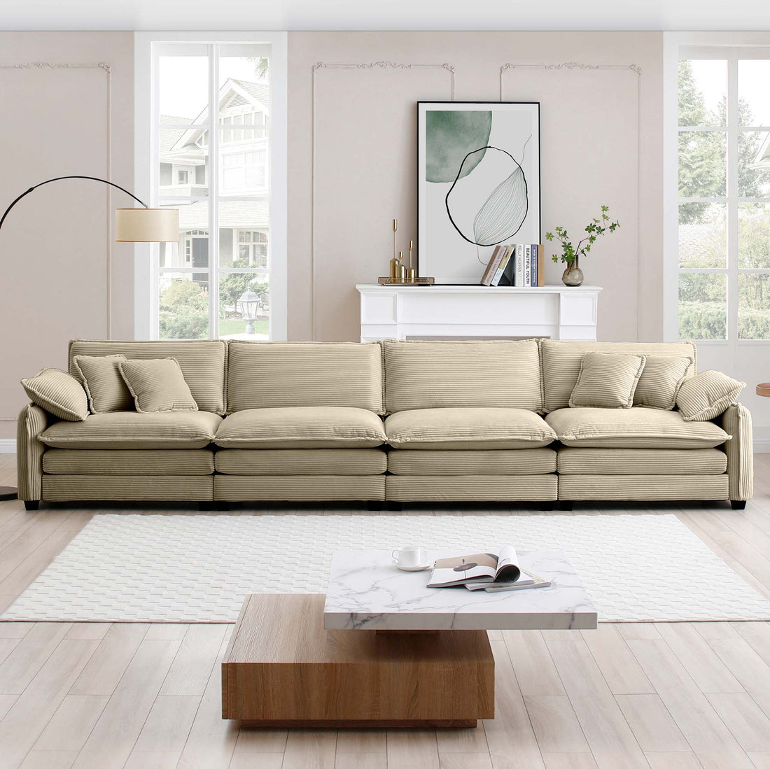 Corduroy Sofa,Modern Upholstered 4 Seater Corduroy Fabric Sofa,Office Living Room Apartment Comfortable Sofa, Easy To Assemble With 2 Arm Pillows And 4 Throw Pillows Tan Corduroy 4 Seat