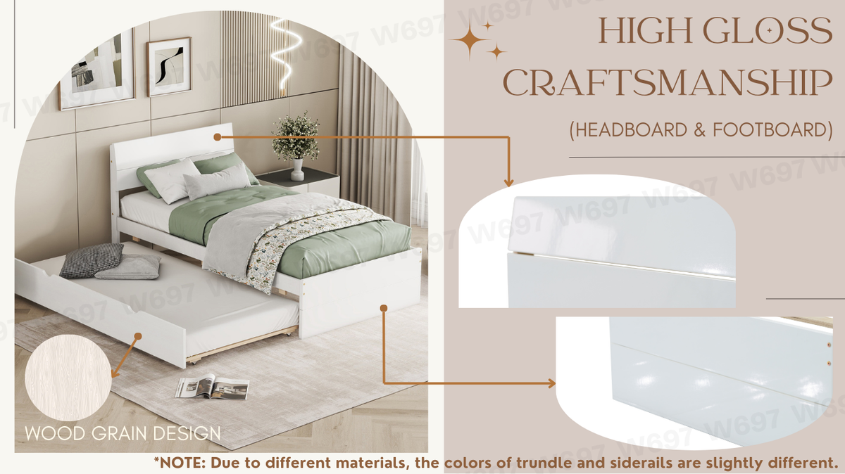 Modern Twin Bed Frame With Twin Trundle For White High Gloss Headboard And Footboard With Creamy White Color Twin Creamy White,White Bedroom Mdf,Rubber Wood