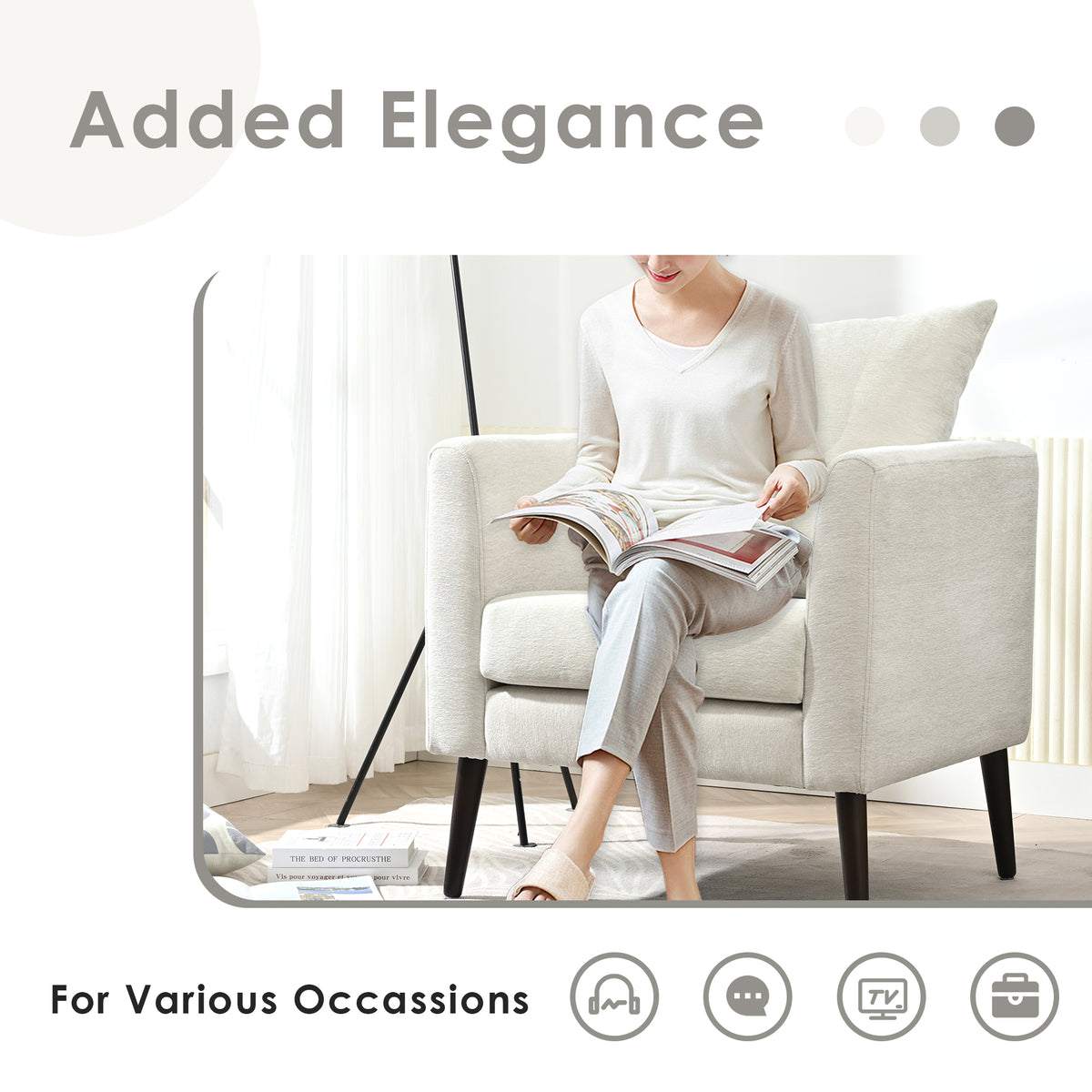 Barrel Chair, Chenille Accent Chair, Fabric Armchair Club Chair,Upholstered Arm Chair With Solid Wood Legs,Waist Pillow,Padded Single Chair For Living Room Bedroom Study Waiting Room,Beige Beige Light Brown Primary Living Space Modern Rubberwood Foam