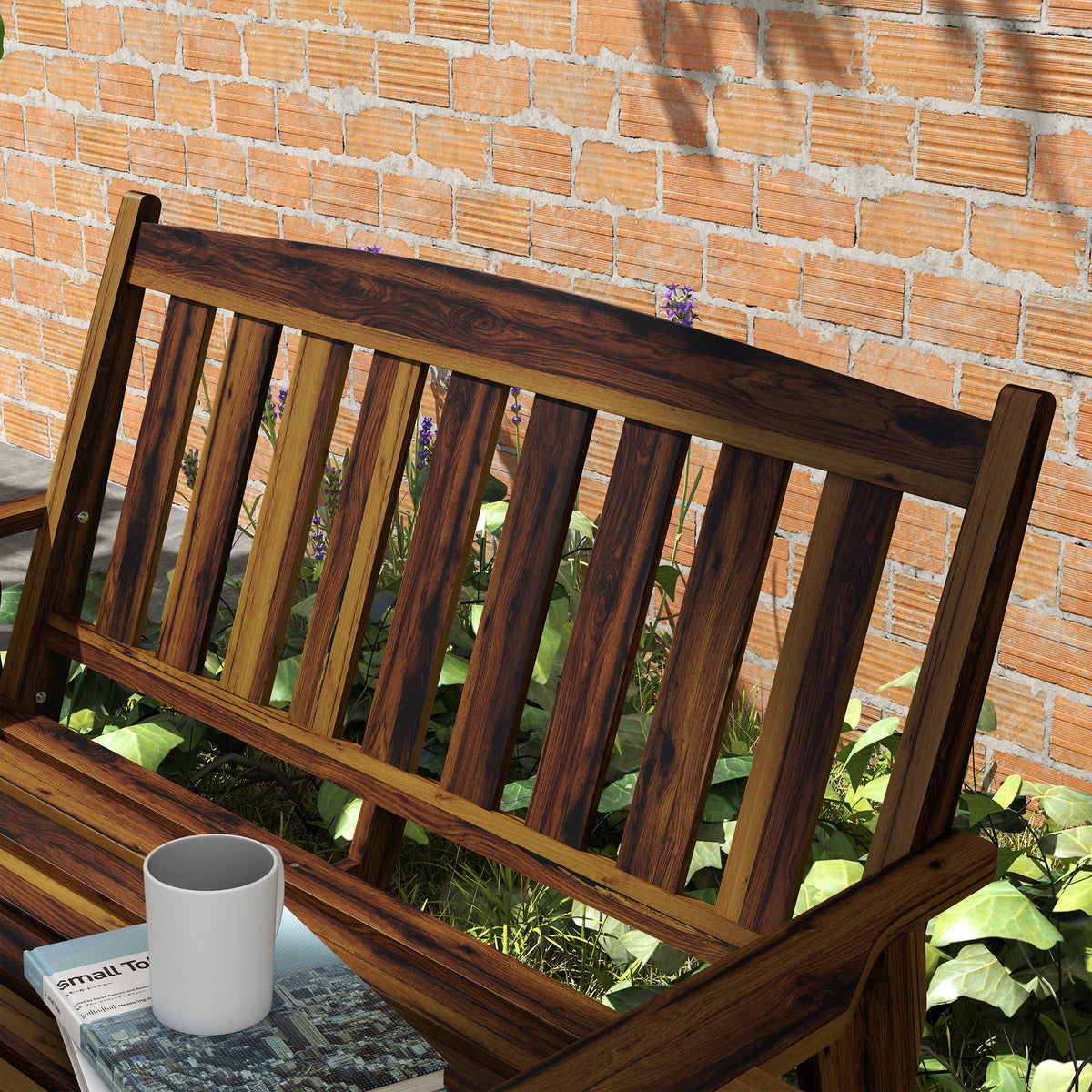 Outsunny Wood Outdoor Bench, 2 Person Garden Bench With Cupholder Armrests, Slatted Seat And Backrest, Park Bench For Patio, Porch, Lawn, Deck, Carbonized Black Brown Wood