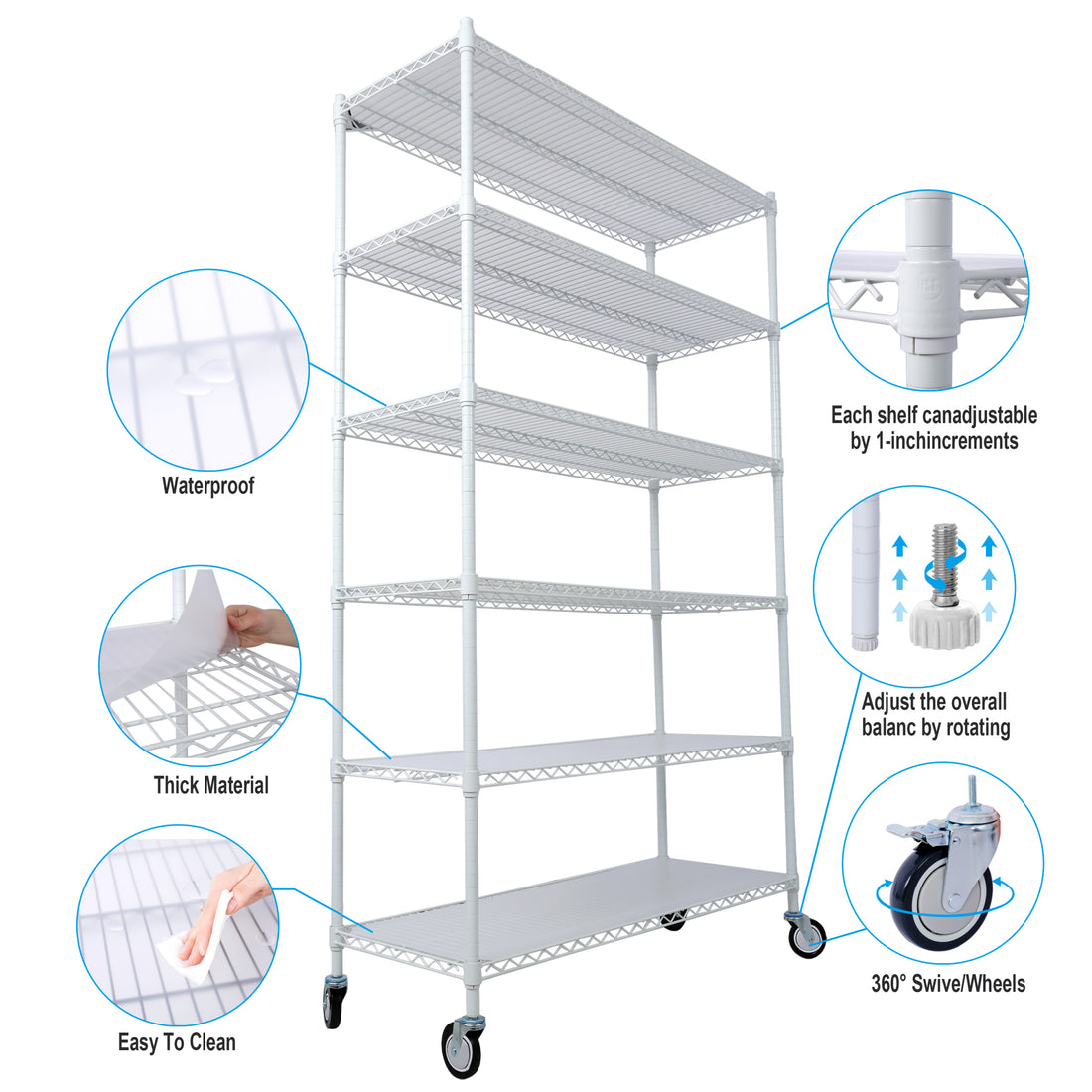 6 Tier 6000Lbs Capacity Nsf Metal Shelf Wire Shelving Unit, Heavy Duty Adjustable Storage Rack With Wheels & Shelf Liners For Commercial Grade Utility Steel Storage Rack, White 84"H X 48"L X 20"D White Metal