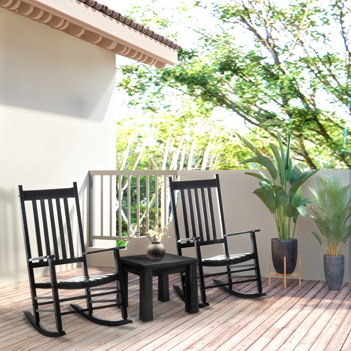 Outsunny Outdoor Rocking Chair, Patio Wooden Rocking Chair With Smooth Armrests, High Back For Garden, Balcony, Porch, Supports Up To 352 Lbs., Black Black Wood