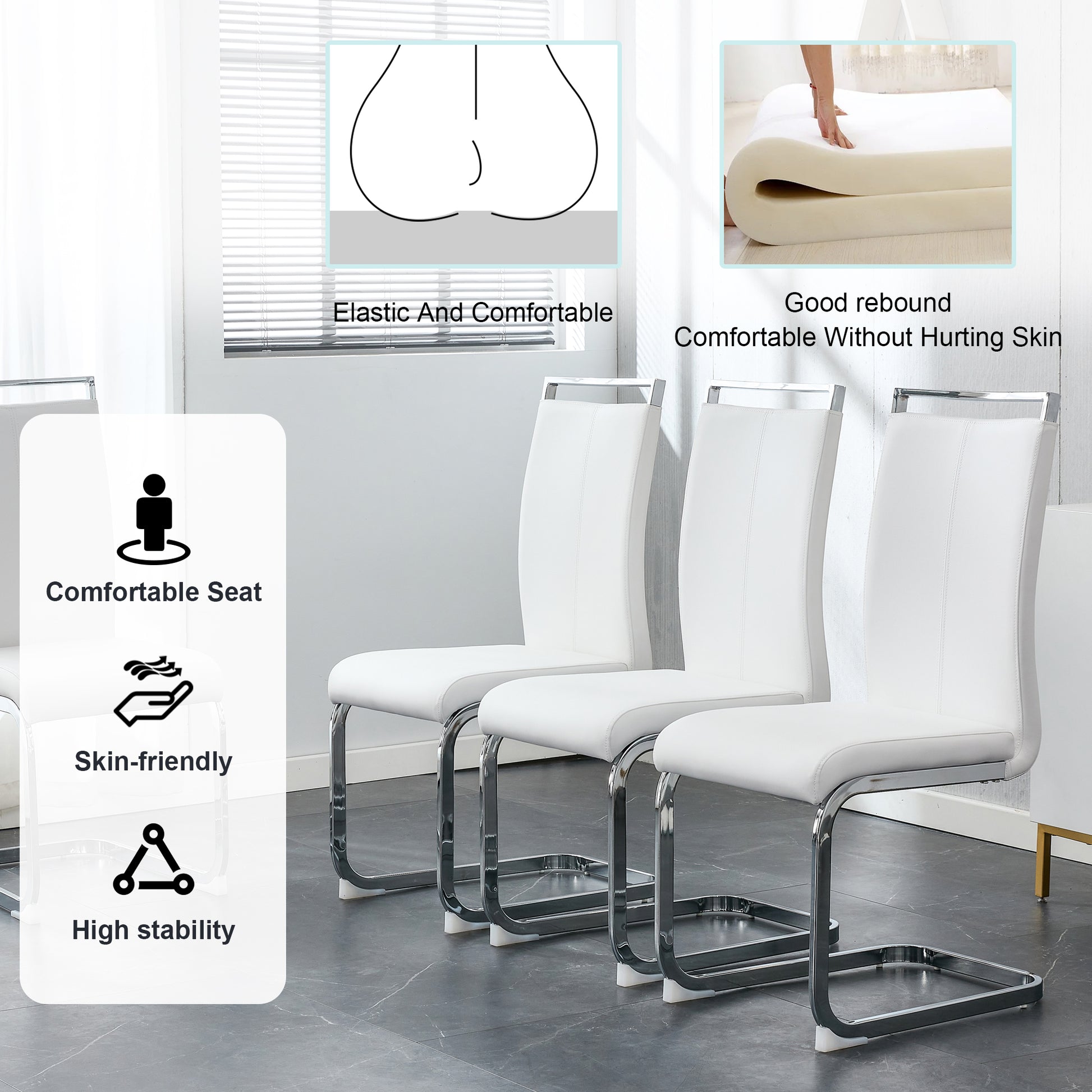 Table And Chair Set. Large Modern Rectangular Table With Glass Top And Silver Metal Legs. Furnished With Soft And Comfortable Pu Chairs With Faux Leather Upholstered Seats And Silver Metal Legs. White Silver Seats 6 Glass Metal