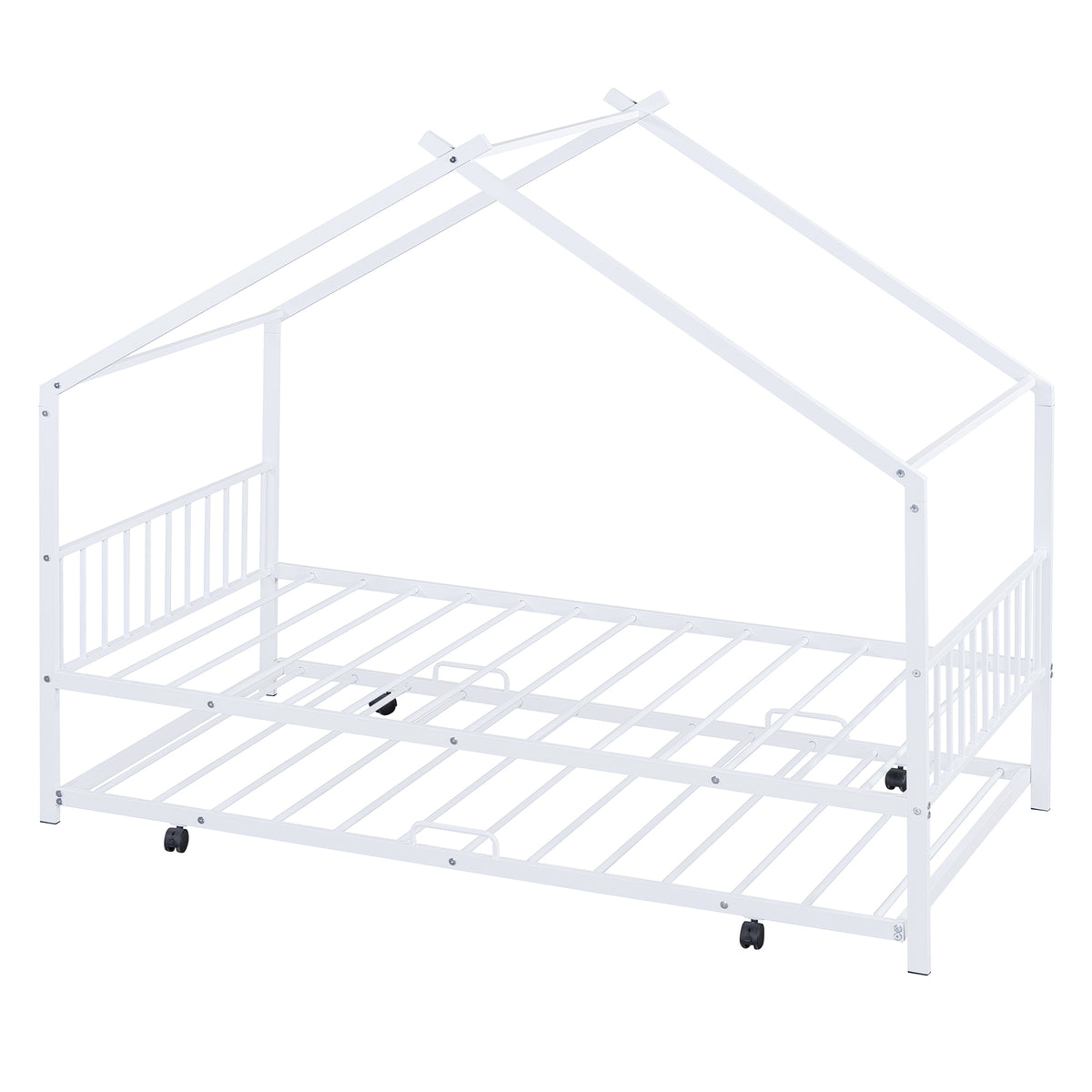 Twin Size Metal House Bed With Twin Size Trundle, White Twin White Metal