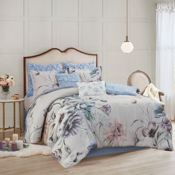 8 Piece Cotton Printed Comforter Set Blue King King Blue Polyester