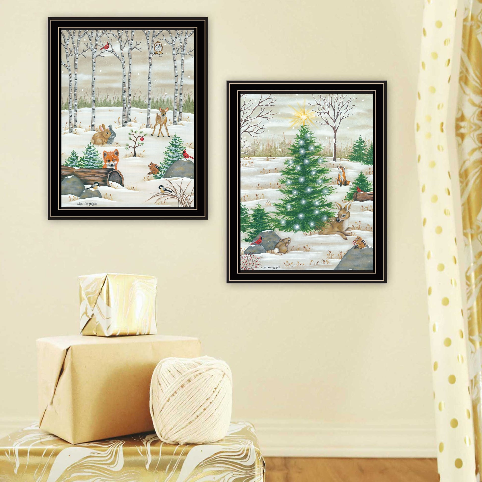 2 Piece Vignette Woodland "Critters For Christmas" Black Framed Wall Art For Living Room, Bedroom Wall Art Print For Home Decor By Lisa Kennedy Multi Wood Paper