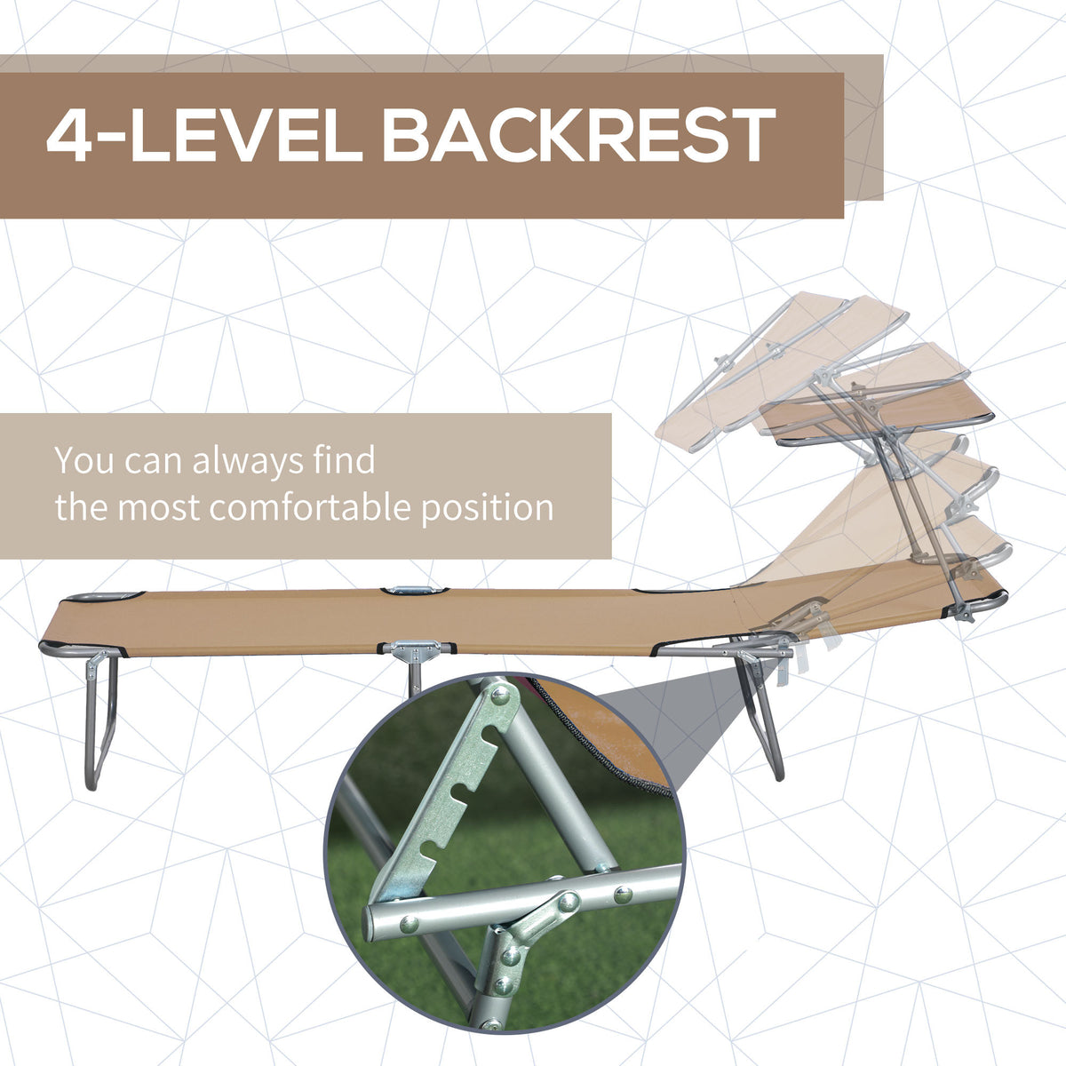 Outsunny Outdoor Lounge Chair, Adjustable Folding Chaise Lounge, Tanning Chair With Sun Shade For Beach, Camping, Hiking, Backyard, Tan Tan Steel