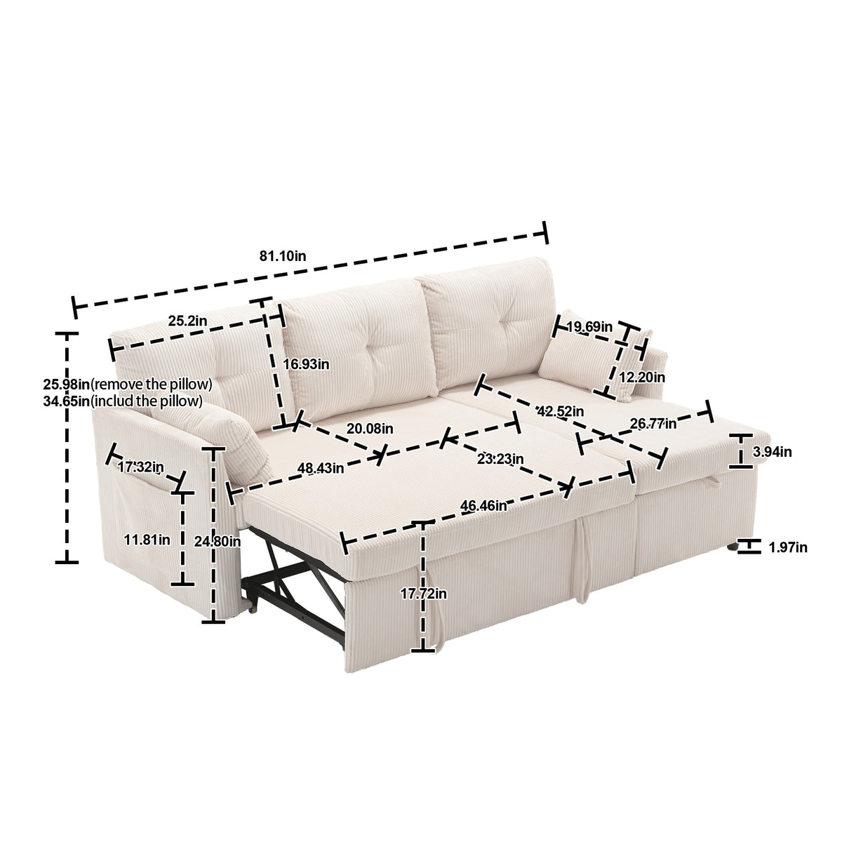 United We Win Furniture, Modular L Shaped Sofa, Modular Long Sofa With Reversible Chaise Lounge, Sofa Bed, Sleeper Sofa, Modular Sofa Combination With Storage Seats. Beige Velvet 3 Seat