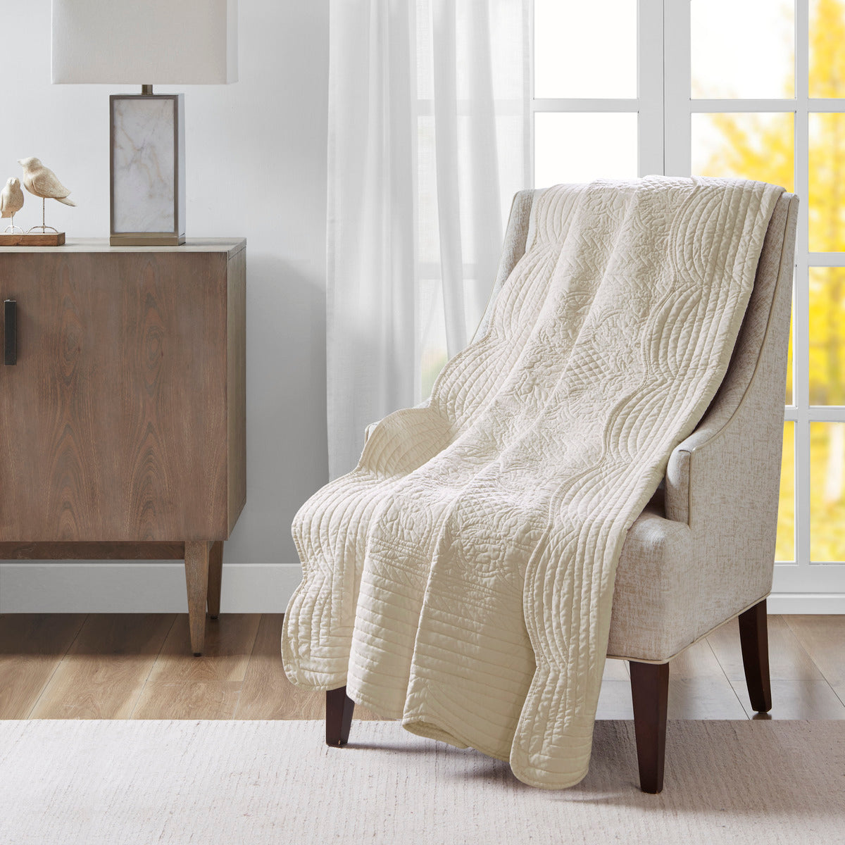 Oversized Quilted Throw With Soped Edges Cream 60X72" Cream Cotton
