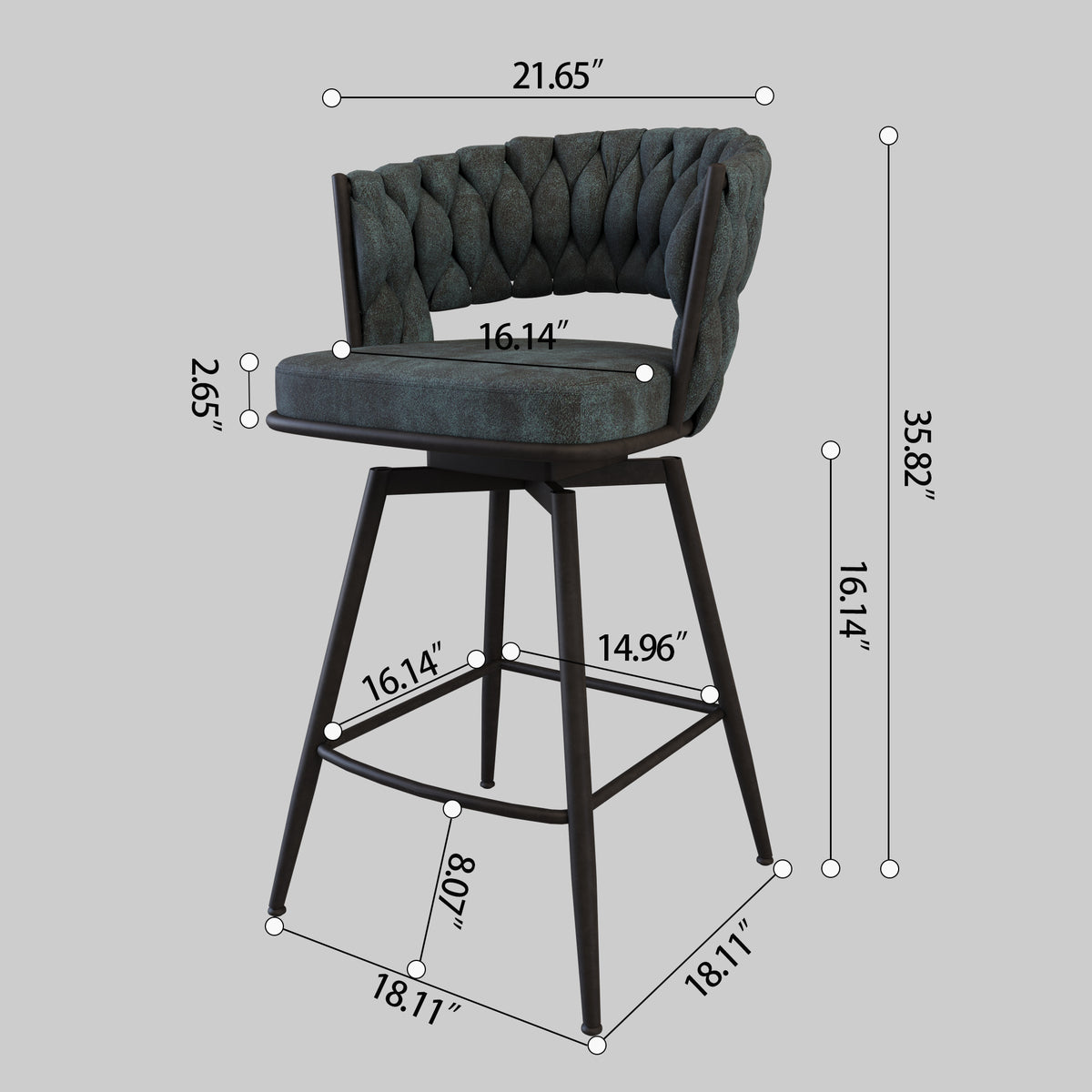 Bar Chair Suede Woven Bar Stool Set Of 2,Black Legs Barstools No Adjustable Kitchen Island Chairs,360 Swivel Bar Stools Upholstered Bar Chair Counter Stool Arm Chairs With Back Footrest, Blue Metal Blue Kitchen Dining Chairs Foam Technical Leather