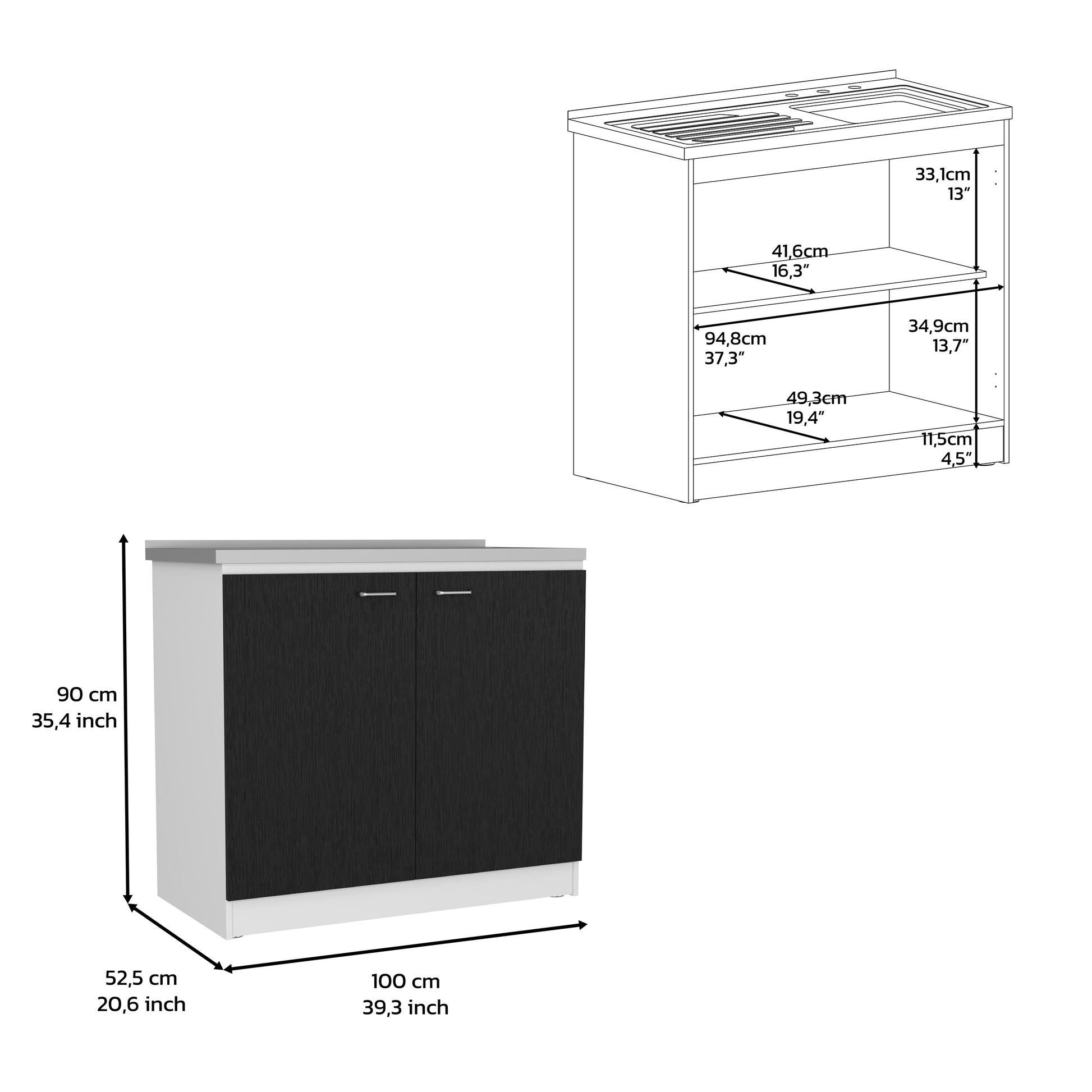 Freestanding Sink, Double Door Cabinet, Two Shelves, White Black Multicolor Solid Wood Mdf Engineered Wood