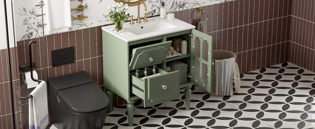 Retro Style 30'' Bathroom Vanity With Resin Sink Combo, Freestanding Single Vanity With 2 Drawers, Solid Wood Frame Bathroom Storage Cabinet, Green Green Bathroom Retro Solid Wood Mdf Resin