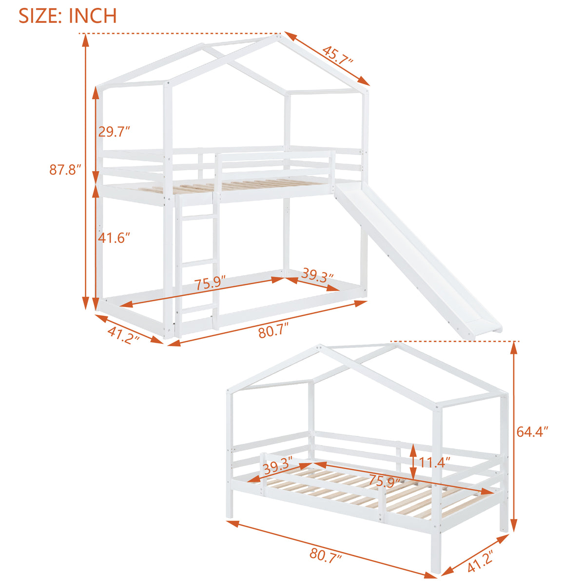 Twin Over Twin Bunk Bed With Roof, Slide And Ladder, White Twin White Solid Wood
