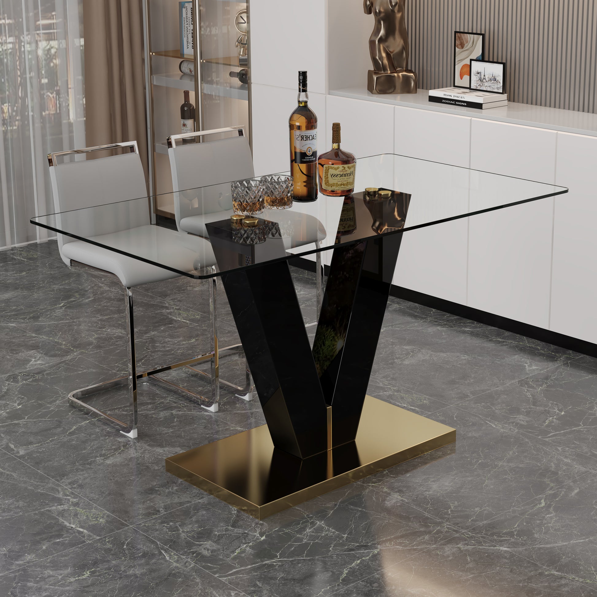 Table And Chair Set. A Rectangular Glass Dining Table With A 0.4 Inch Tempered Glass Tabletop And Mdf Board V Shaped Bracket, Paired With 2 Chairs Consisting Of Pu Seat Cushions And Silver Metal Legs. Black Gray Seats 2 Tempered Glass