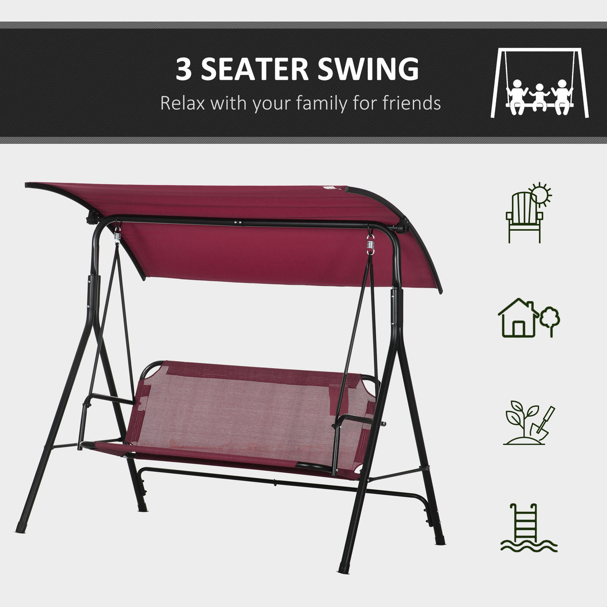 Outsunny 3 Person Porch Swing Bench With Stand & Adjustable Canopy, Armrests, Steel Frame For Outdoor, Garden, Patio, Porch & Poolside, Wine Red Red Steel