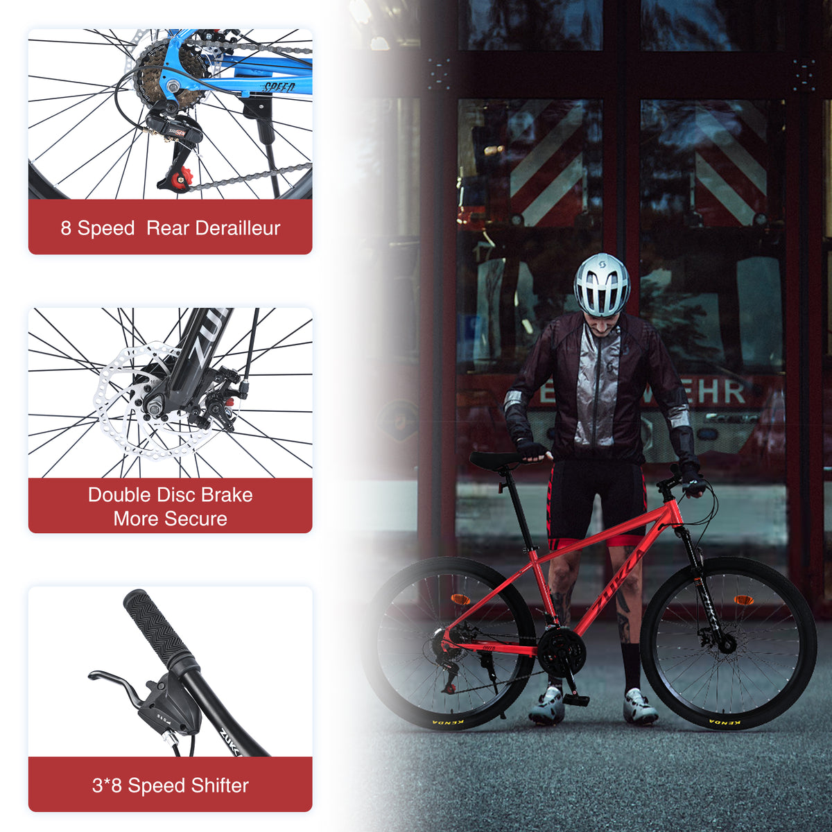 Mountain Bike For Men And Women 26 Inch 24 Speed Suspension Fork Kenda Tires Cycling Red Garden & Outdoor Steel