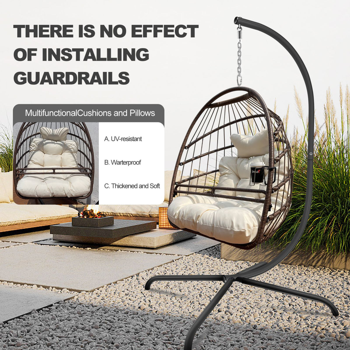 Swing Egg Chair With Stand Indoor Outdoor Wicker Rattan Patio Basket Hanging Chair With C Type Bracketwith Cushion And Pillow,Patio Wicker Folding Hanging Chair Special Construction Cup Holder Beige