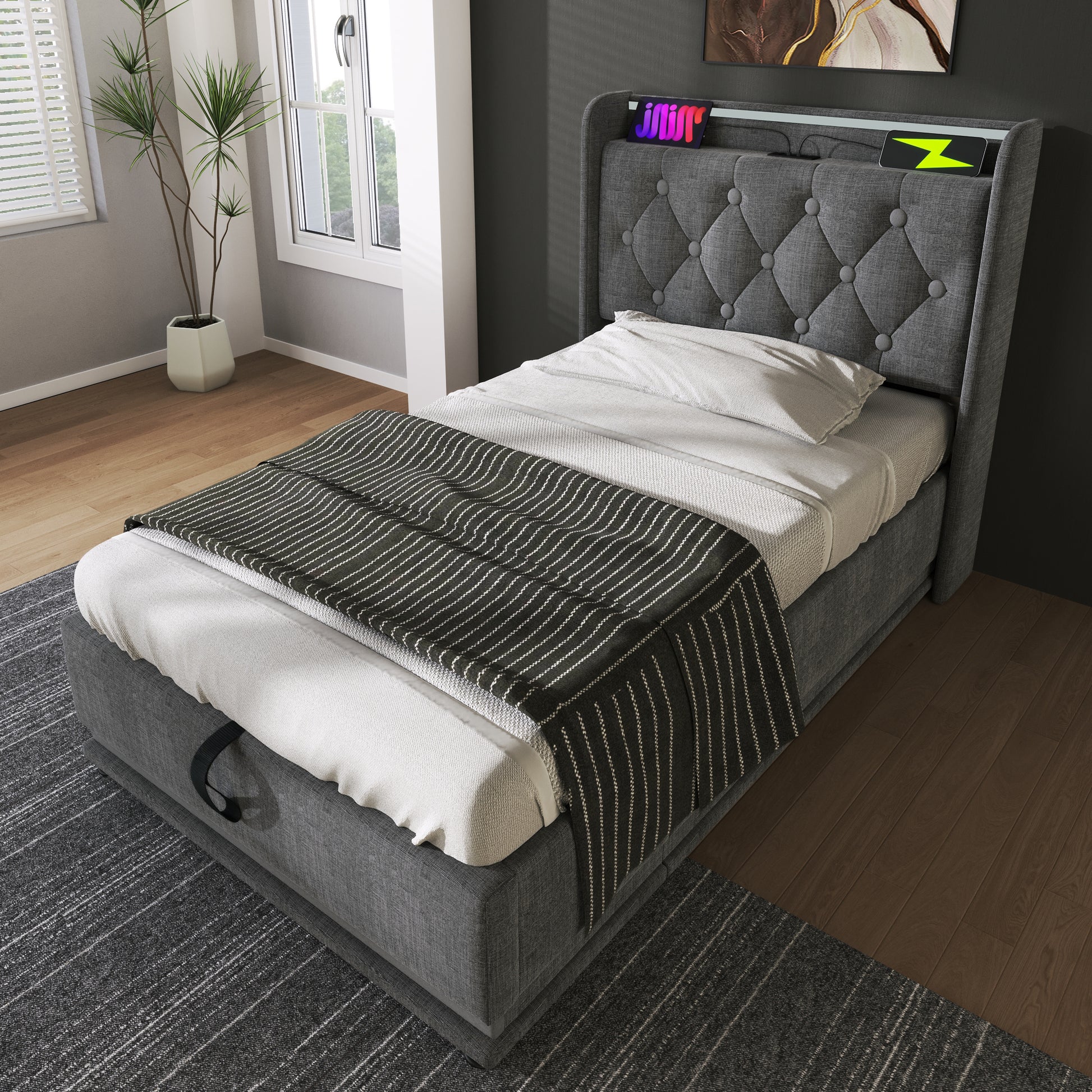 Twin Size Upholstered Bed, 360 Surround Led Function, Buttons Apps Remote Control, Hydraulic Storage Bed With Usb Type C Charging, Gray,Linen Without Mattress Twin Gray Linen