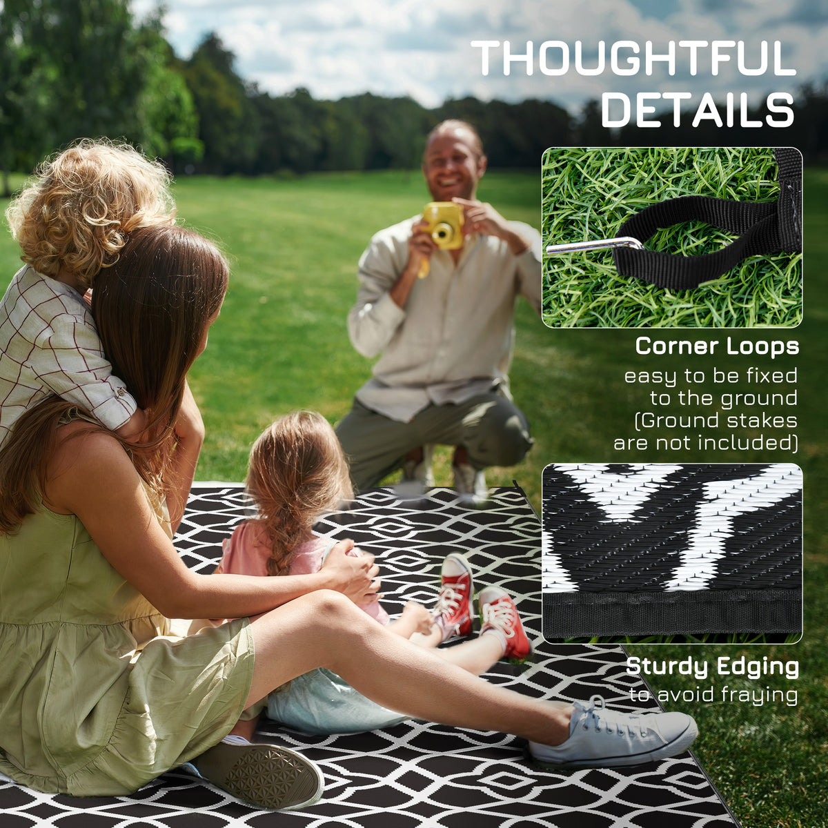 Outsunny Reversible Outdoor Rug, 8' X 10' Waterproof Plastic Straw Floor Mat, Portable Rv Camping Carpet With Carry Bag, Large Floor Mat For Backyard, Deck, Picnic, Beach, Black & White Cr Multicolor Polypropylene