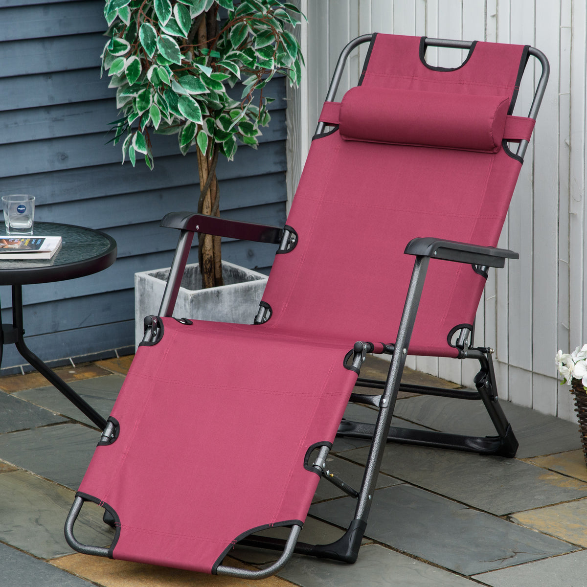 Outsunny Folding Chaise Lounge Chair For Outside, 2 In 1 Tanning Chair With Pillow & Pocket, Adjustable Pool Chair For Beach, Patio, Lawn, Deck, Red Red Metal
