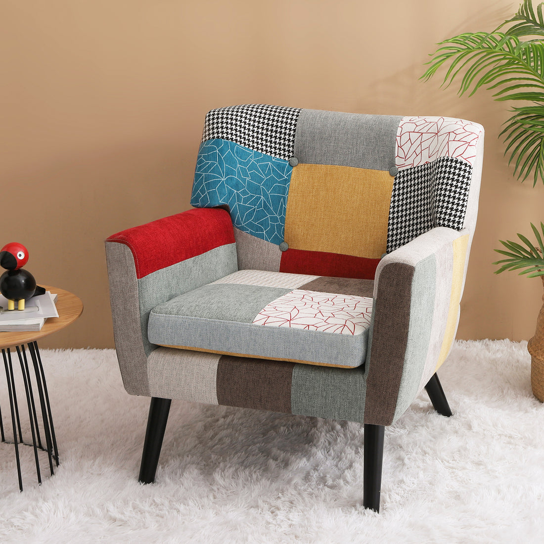 Patchwork Accent Chair, Mid Century Modern Fabric Club Chair For Bedroom Comfy, Colourful Single Sofa Chair For Livingroom, Bedroom, Office, Study And Reading Room Colorful Textile