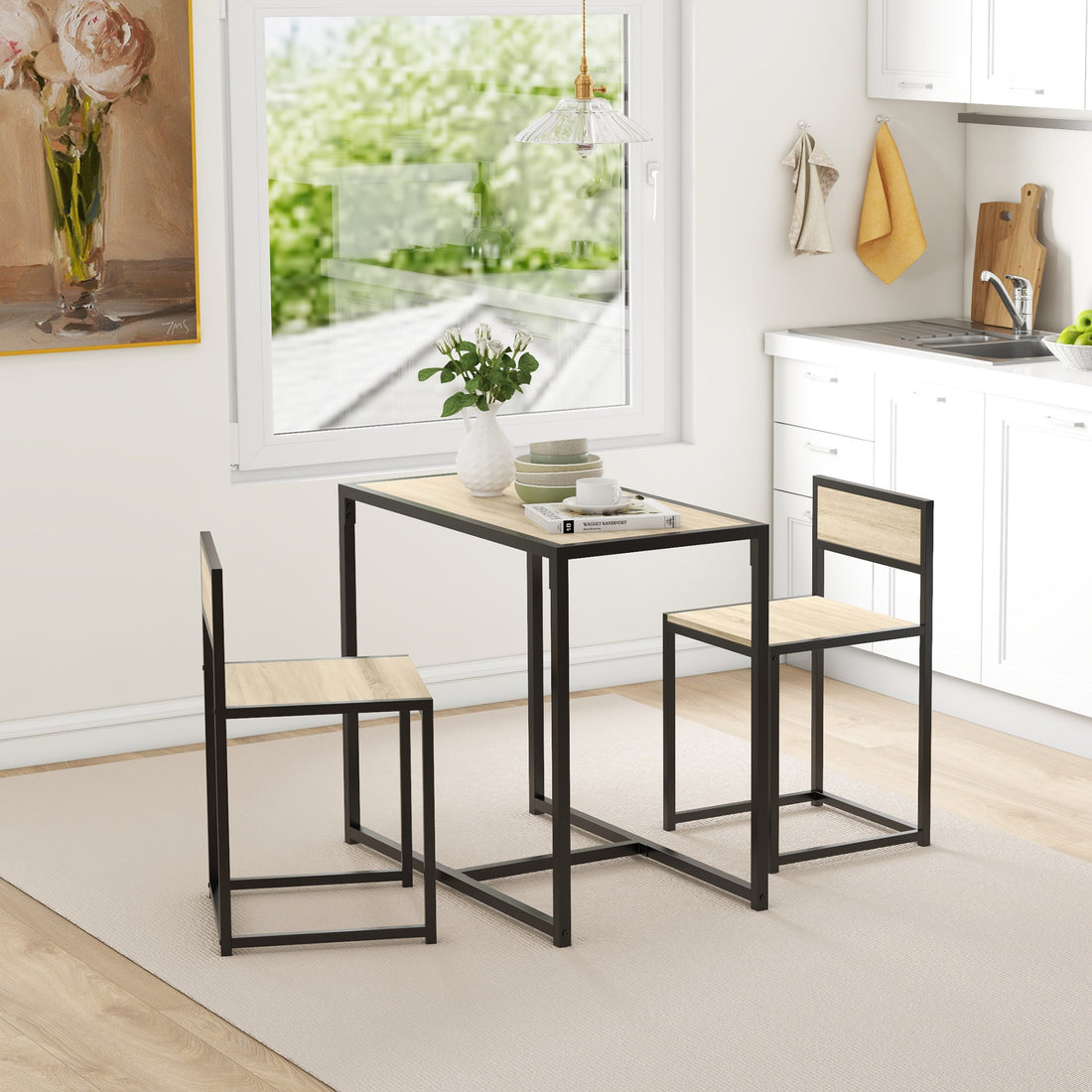 Homcom 3 Piece Industrial Dining Table Set For 2, Kitchen Table And Chairs, Dining Room Sets For Small Spaces, Oak Oak Mdf