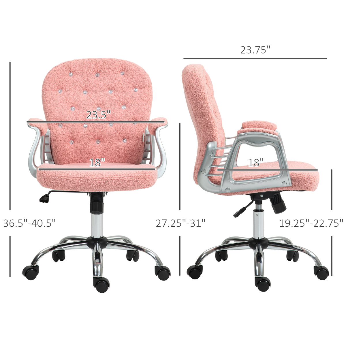 Vinsetto Teddy Fleece Home Office Chair, Button Tufted Desk Chair With Padded Armrests, Adjustable Height And Swivel Wheels, Pink Pink Steel