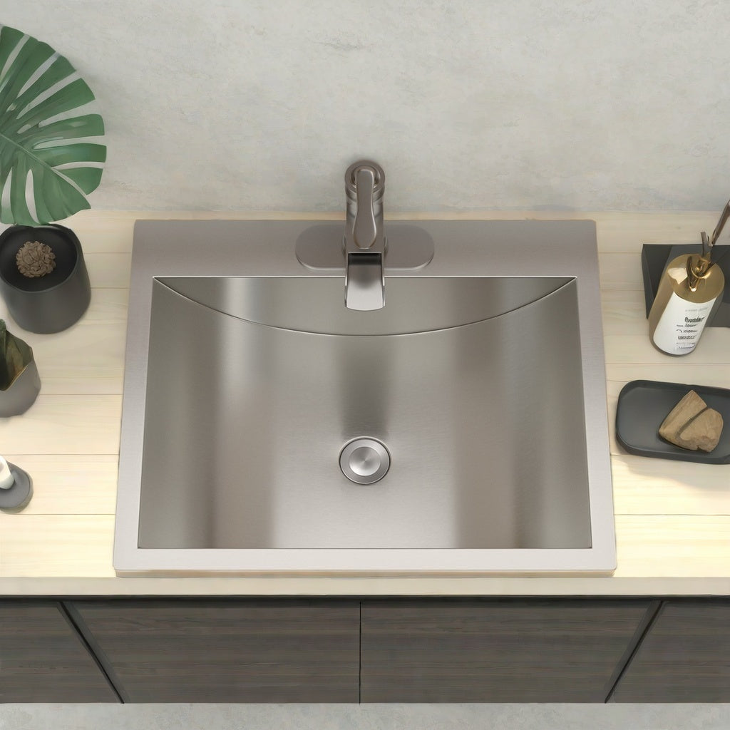 21"X17" Brushed Nickel Stainless Steel Drop In Bathroom Sink With Pop Up Drain Brushed Nickel Stainless Steel