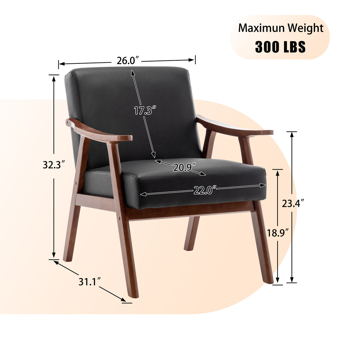 Mid Century Modern Chair, Living Room Chair With Solid Wood Frame, Accent Chair Extra Thick Backrest, Wingback Chair For Bedroom, Reading Room, Living Room, Lounge Chair Indoor Black Pu Primary Living Space Mid Century Modern Foam Pu Leather