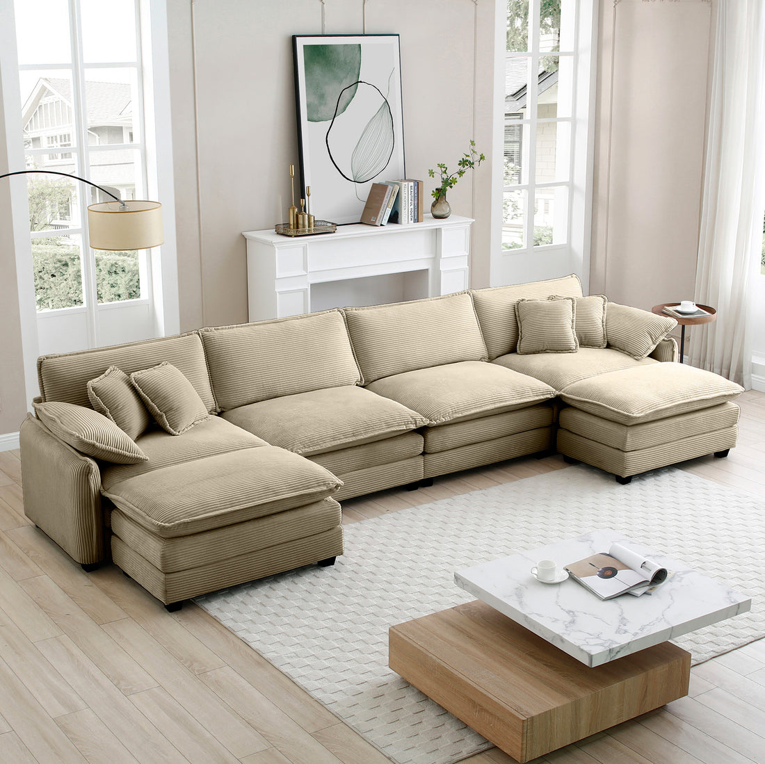 Over Size U Shape Corduroy Sofamodern Upholstered 4 Seater Sofa With 2 Ottomans, Premium Soft Corduroy Fabric Sofa Camel Corduroy 4 Seat