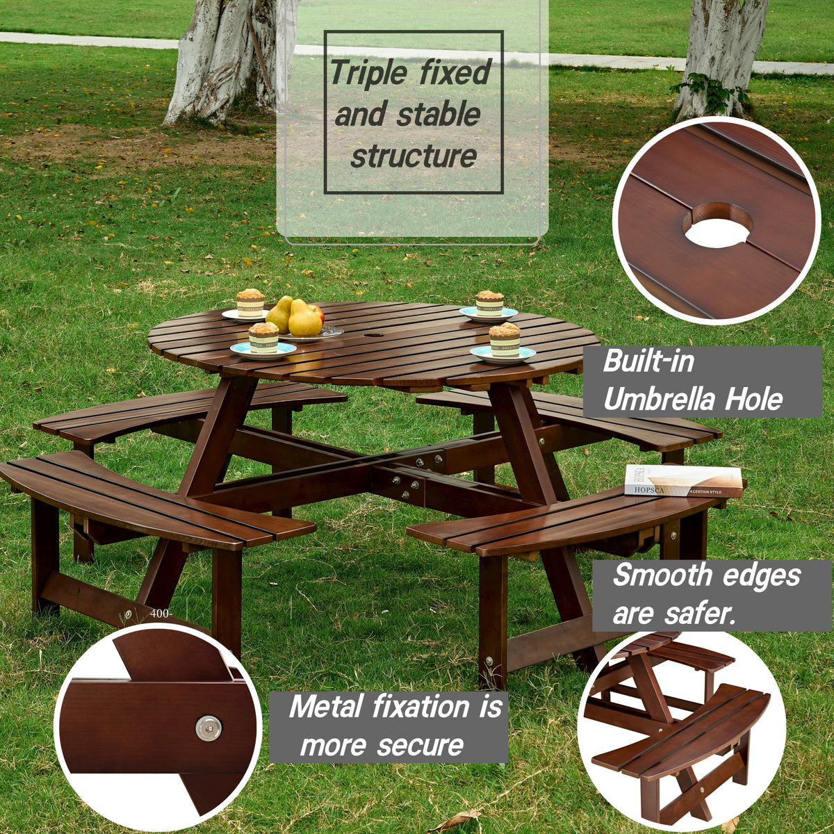 Outdoor 8 Person Picnic Table, 8 Person Round Picnic Table With 4 Built In Benches, Umbrella Hole, Outside Table And Bench Set For Garden, Backyard, Porch, Patio, Brown Brown Wood Metal