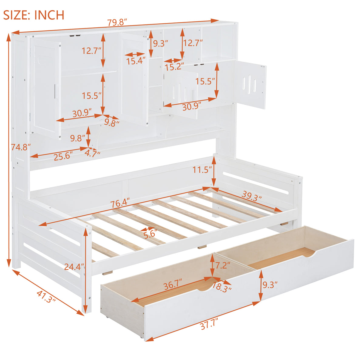 Twin Size Wooden Daybed With 2 Drawers, And All In One Cabinet And Shelf, White Twin White Wood