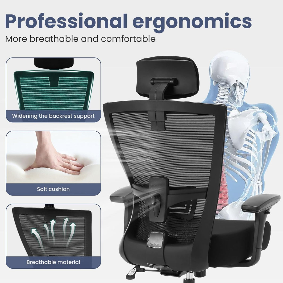 Big And Tall Office Chair 500Lbs Ergonomic Office Chair For Heavy People With 3D Armrest, Quiet Rubber Wheels, Adjustable Lumbar Support And Headrest Heavy Duty Metal Base Mesh Chair Nylon Black