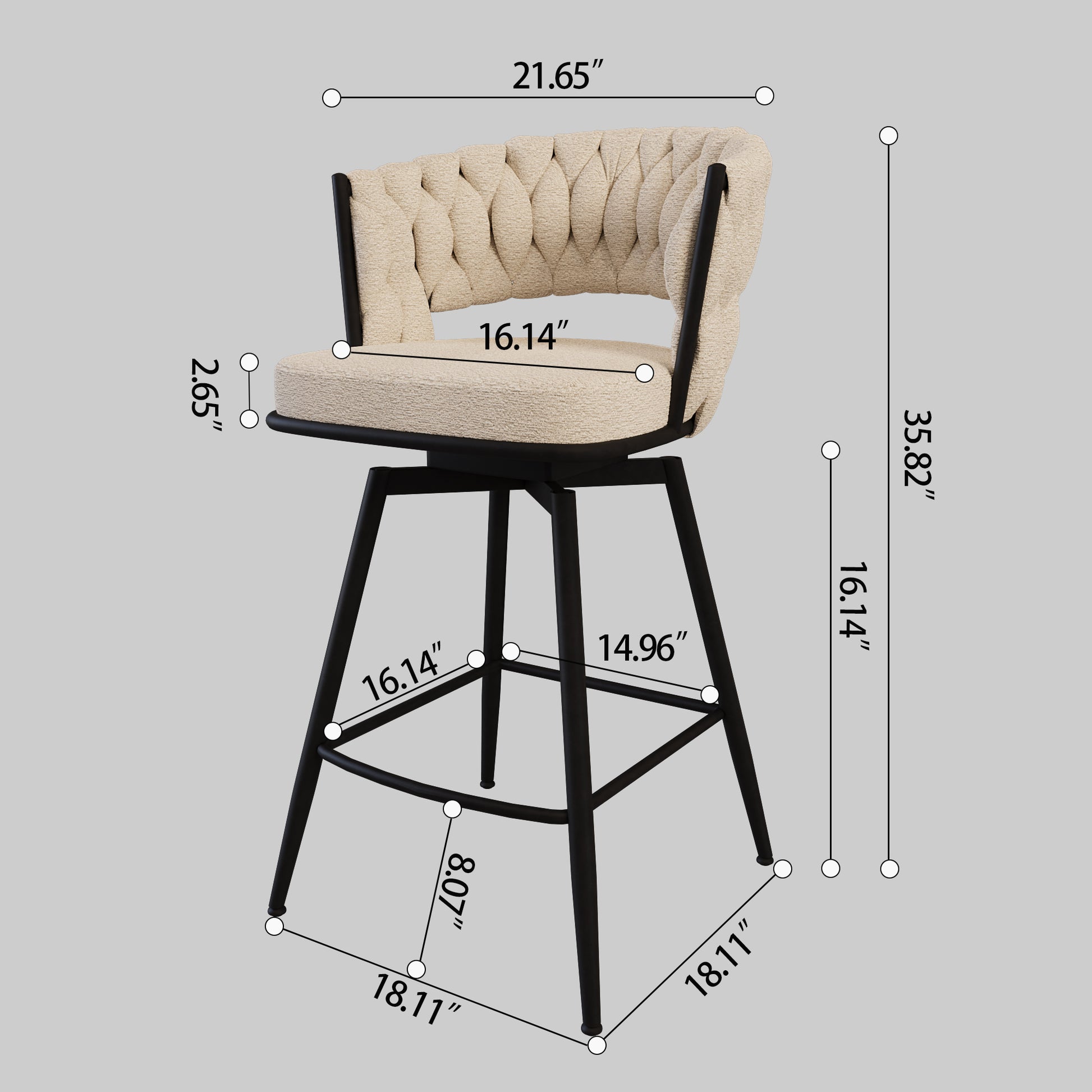Bar Chair Toweling Woven Bar Stool Set Of 4, Black Legs Barstools No Adjustable Kitchen Island Chairs,360 Swivel Bar Stools Upholstered Counter Stool Arm Chairs With Back Footrest, White White Black Foam Linen