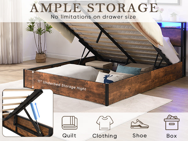 Lift Up Storage Bed Frame, Full Size Bed Frame With Bookcase Headboard & Led Lights, Wooden Platform Bed Frame With Charging Station, No Spring Box Needed, Rustic Brown Box Spring Not Required Full Rustic Brown Metal Brown Bedroom Industrial Bed Frame