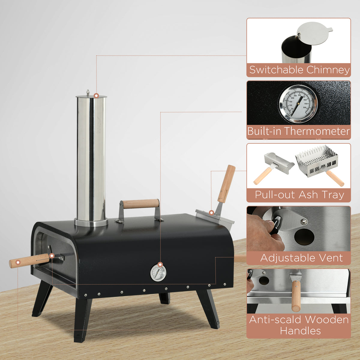 Outsunny Outdoor Pizza Oven With 12" Stone, Peel And Cover, Portable Pellet Wood Fired Pizza Maker With Foldable Legs, Stainless Steel Pizza Grill For Outside, Backyard, Outdoor Kitchen Black Steel