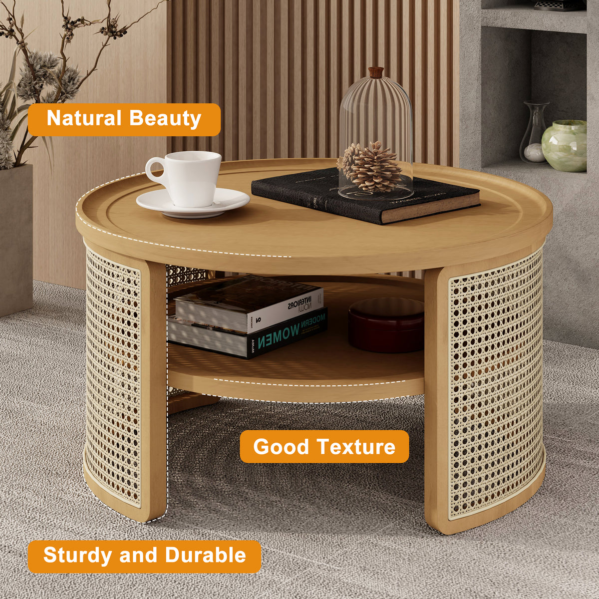 2 Tiered Round Natural Wood Coffee Table With Storage Rattan Base In 31.3'' Natural Rubber Wood