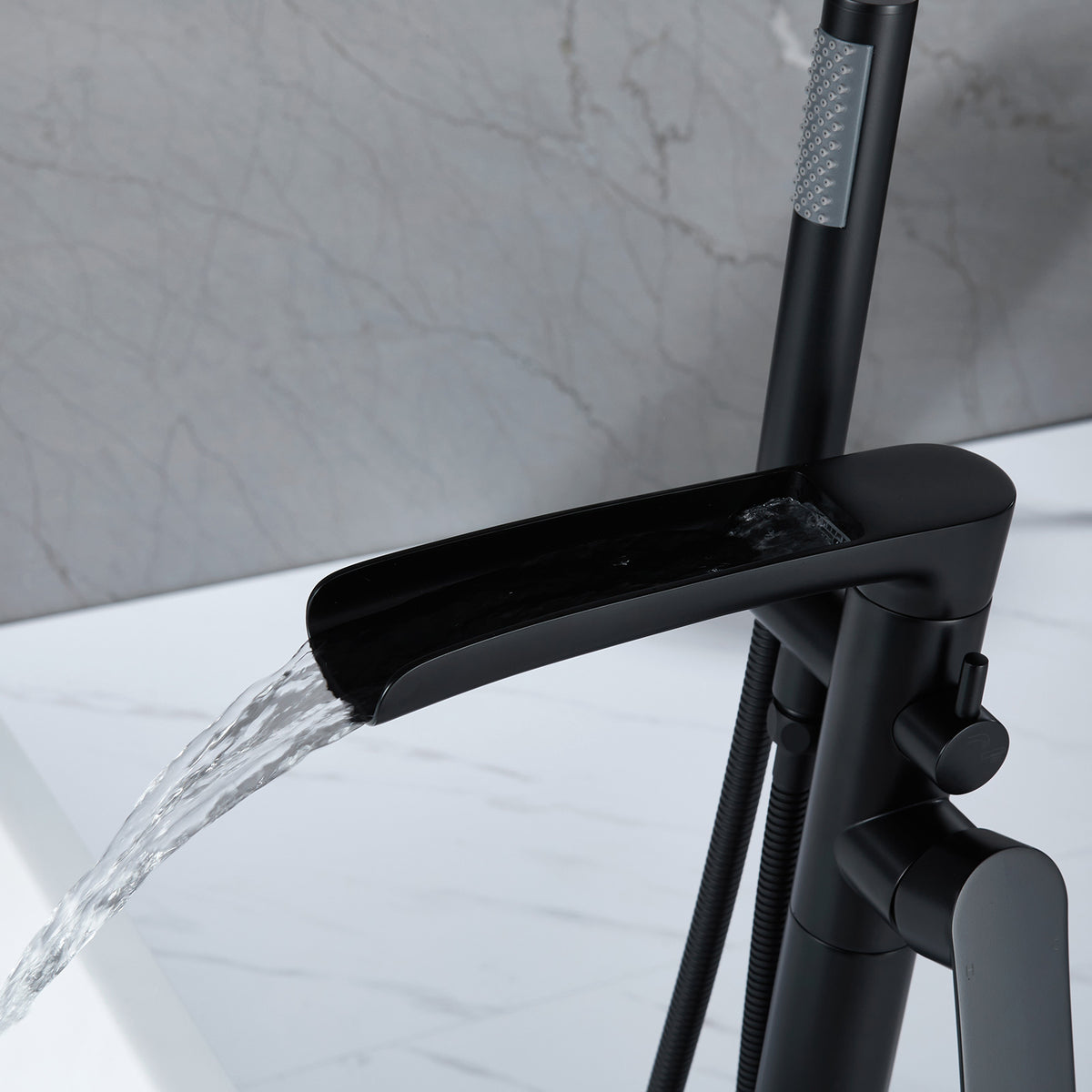 Matte Black Freestanding Floor Mount Bathtub Filler With Single Handle And Hand Shower Matte Black Brass