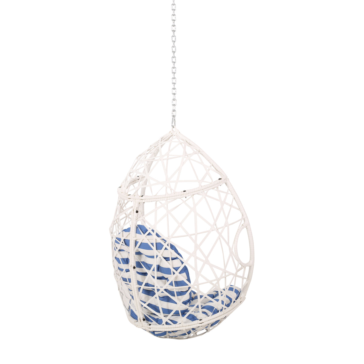 Los Alamitos Hanging Chair With 8Ft Chain White Blue Pe Rattan Iron Waterproof Fabric