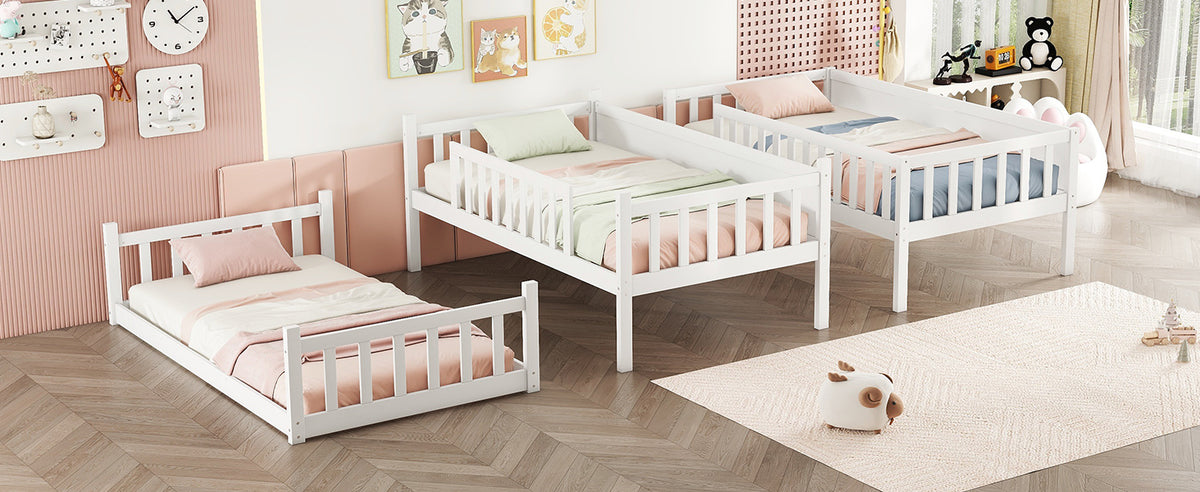 Twin Size Triple Rubber Wood Bunk Bed, With Ladders, Guardrails Detachable Bunk Bed, Twin Over Twin Over Twin,White Twin White Bedroom American Design Bed Frame Rubber Wood