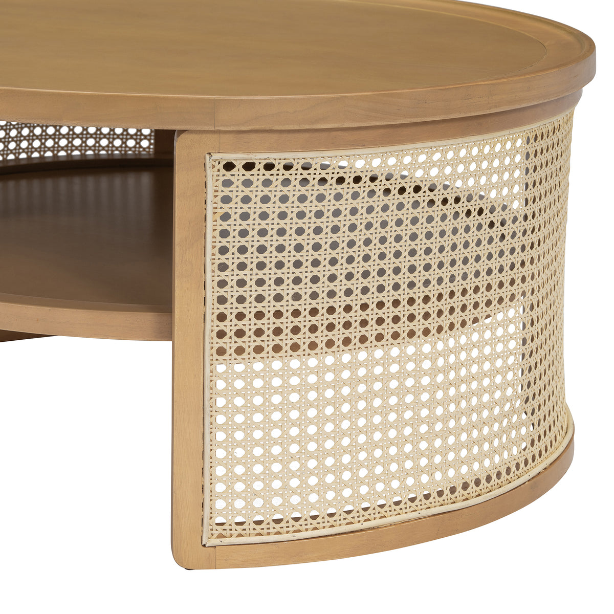 2 Tiered Round Natural Wood Coffee Table With Storage Rattan Base In 31.3'' Natural Rubber Wood