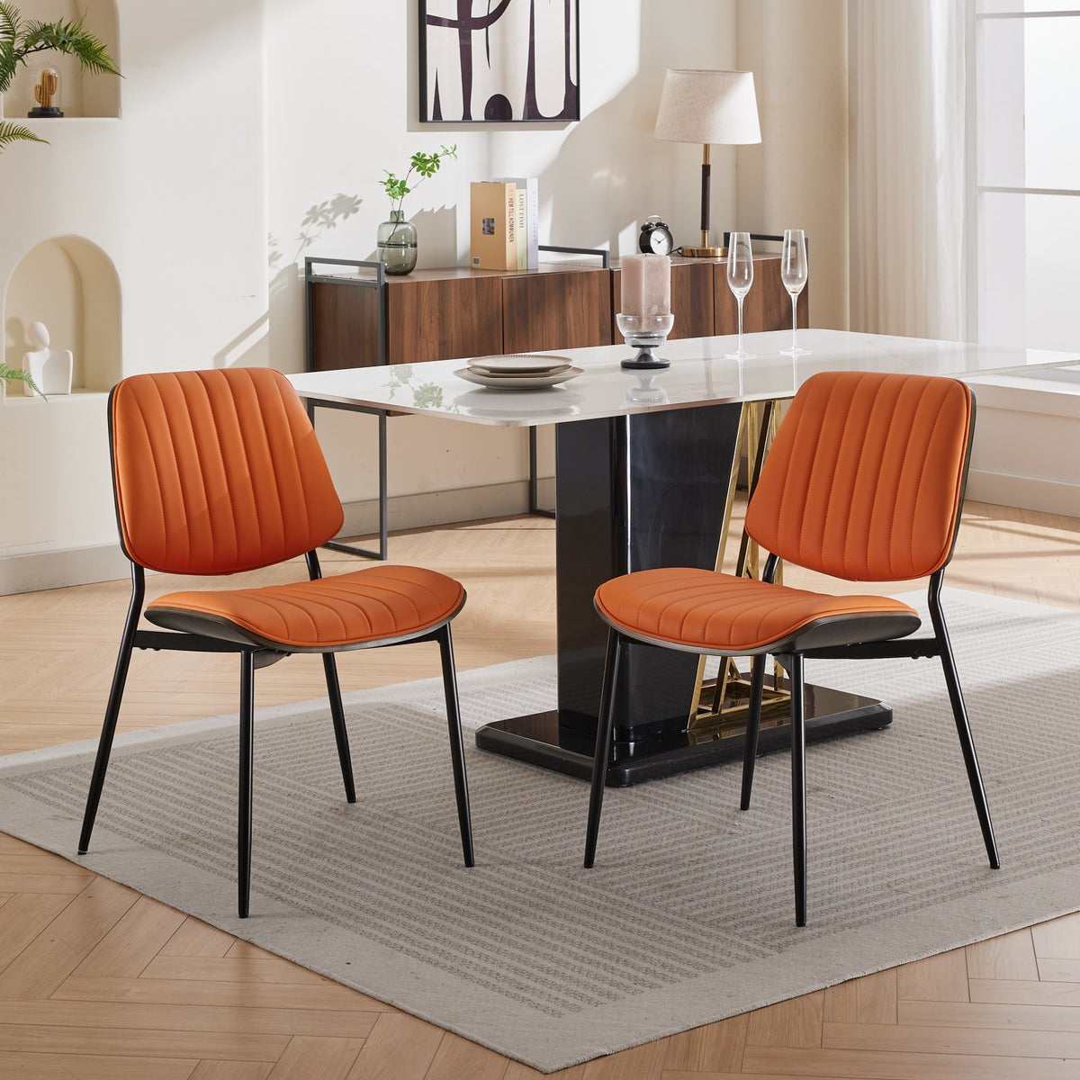 Dining Chairs Set Of 2 Mid Century Modern Retro Faux Leather Chair With Walnut Bentwood Back Upholstered Seat Metal Legs Adjustable Foot For Kitchen Dining Room Chairs Orange Pu Orange Dining Room Classic Set Of 2 Foam Pu Leather