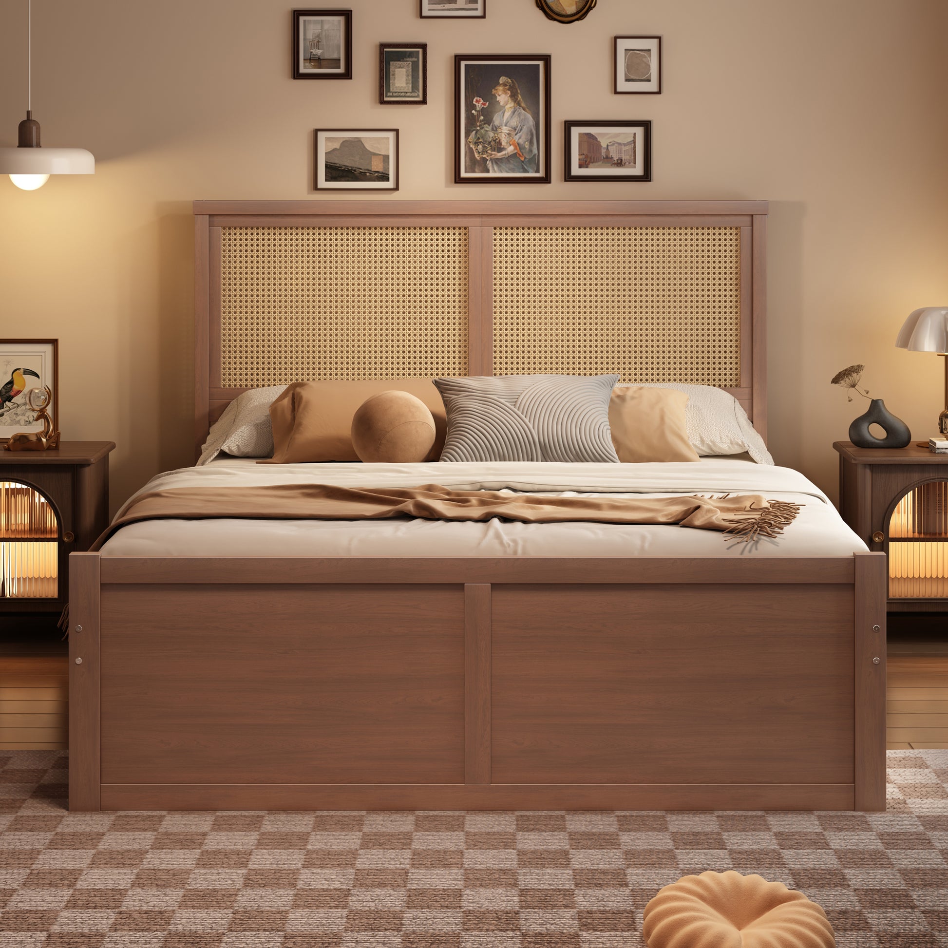 Queen Size Wood Storage Platform Bed With 4 Drawers, Rattan Headboard, Espresso Box Spring Not Required Queen Antique Espresso Wood Bedroom Bed Frame Wood Rattan