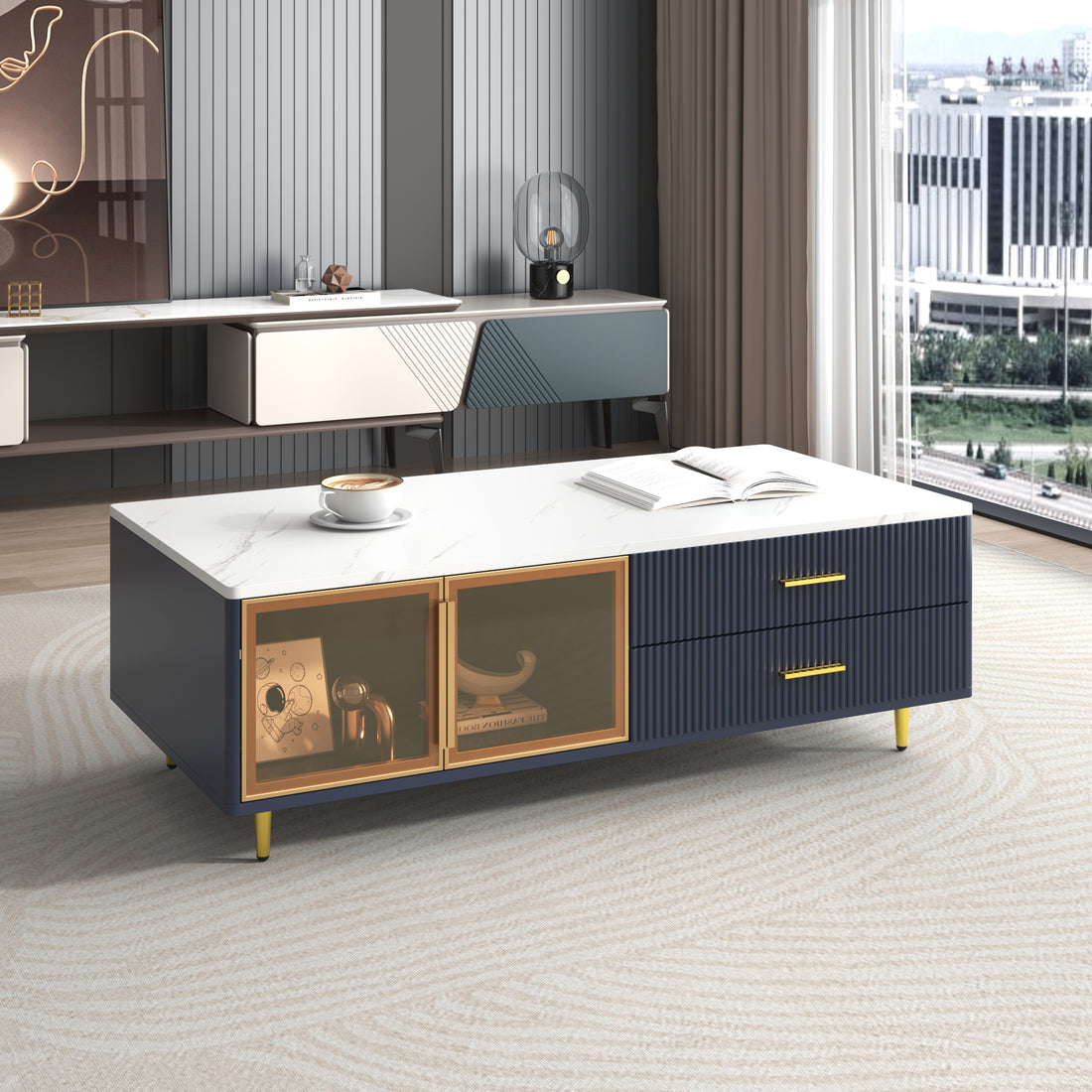 Modern Navy Blue Coffee Table With 2 Glass Door Storage, 4 Drawers, Gold Metal Legs, And Multi Color Lighting In 47.2'' Navy Blue Drawers Mdf